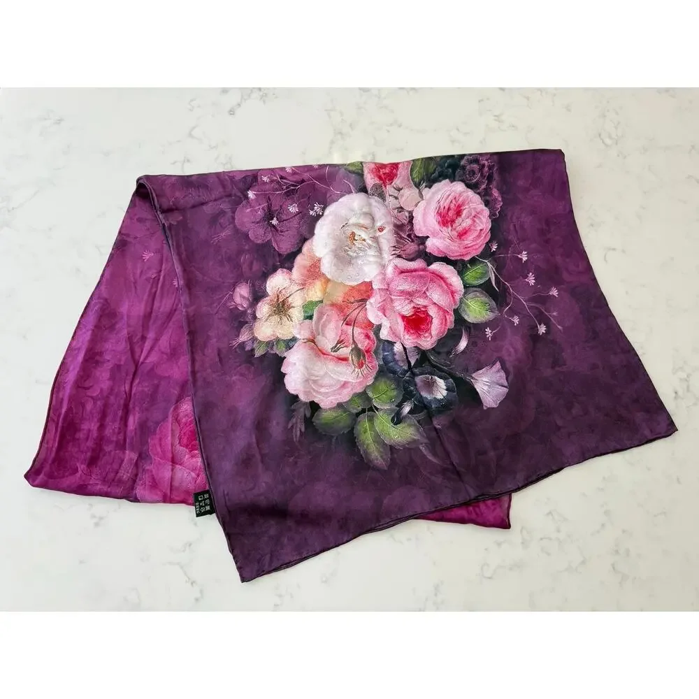 100% Silk Purple Floral Scarf Hand Rolled Roses 20 x 68 Lightweight Luxury Wrap